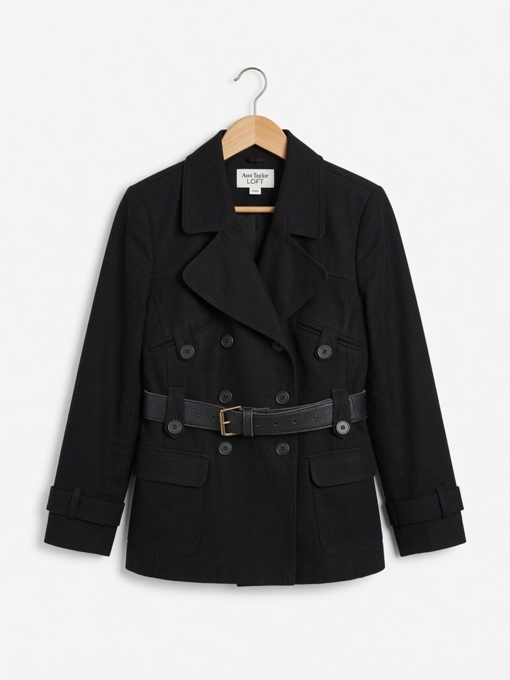 LOFT Black Double-Breasted Belted Peacoat